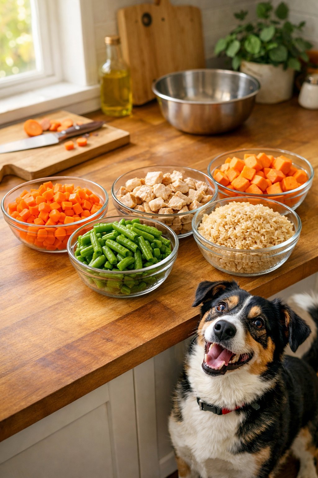 A happy dog looks up at a kitchen counter with fresh ingredients for homemade dog food arranged in bowls.