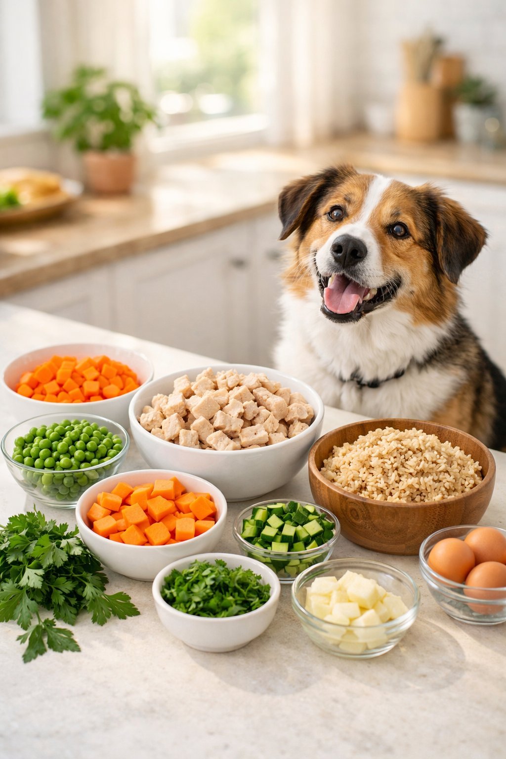 A happy dog sitting near a kitchen counter with fresh ingredients for homemade dog food, including vegetables, cooked chicken, and rice.