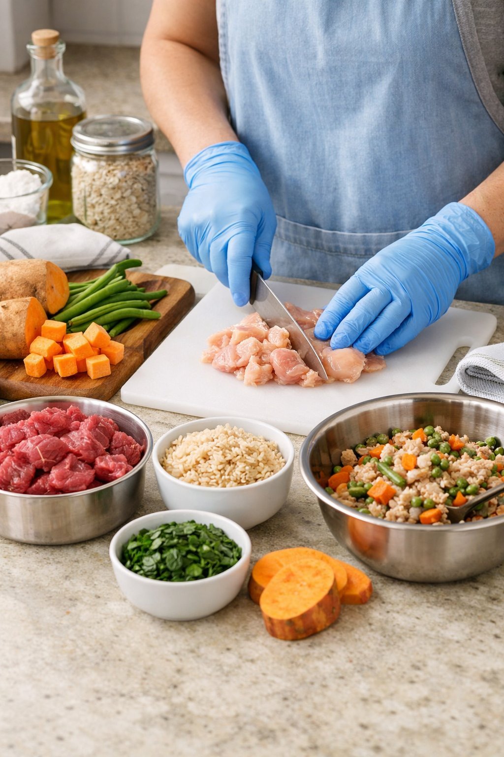 A kitchen countertop with fresh vegetables and meats being prepared for homemade dog food, showing hands working safely with clean utensils.