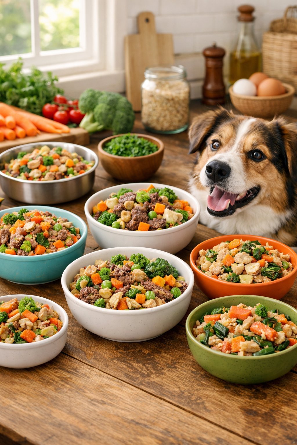 A happy dog looking at several bowls of colorful homemade dog food arranged on a wooden table in a bright kitchen.