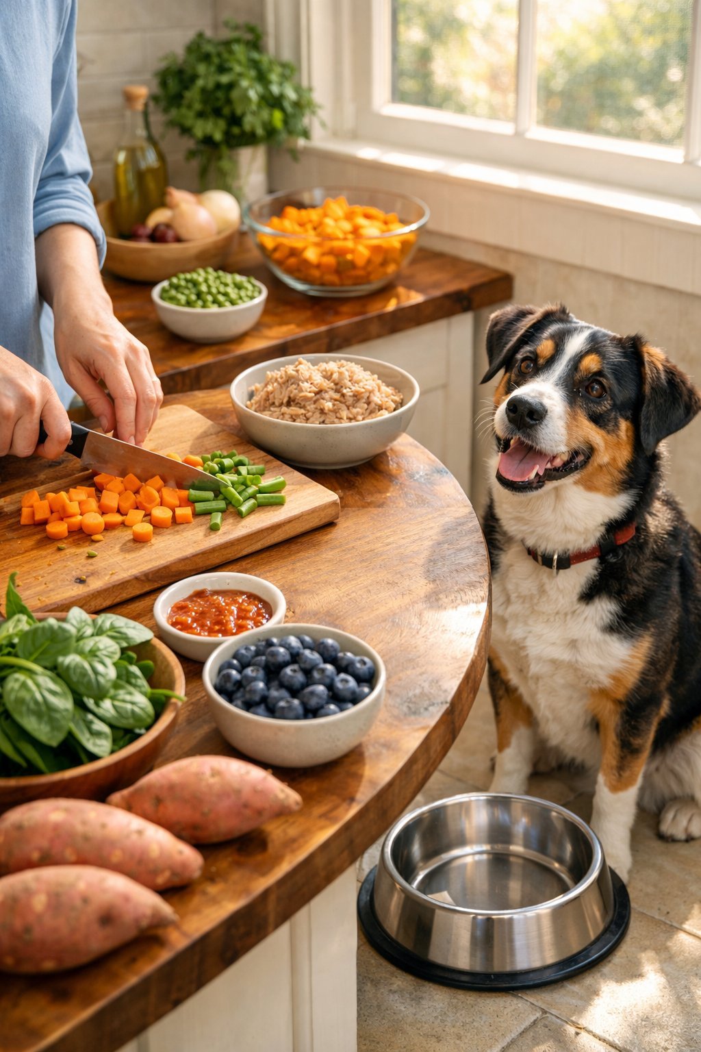 A dog watches attentively as a person prepares fresh homemade dog food in a bright kitchen.