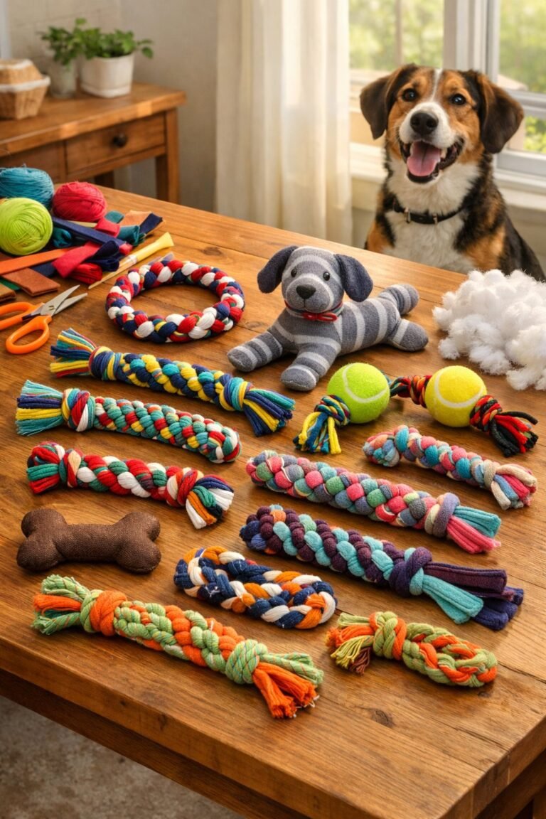 A collection of colorful handmade dog toys arranged on a wooden table with a happy dog nearby in a bright home setting.