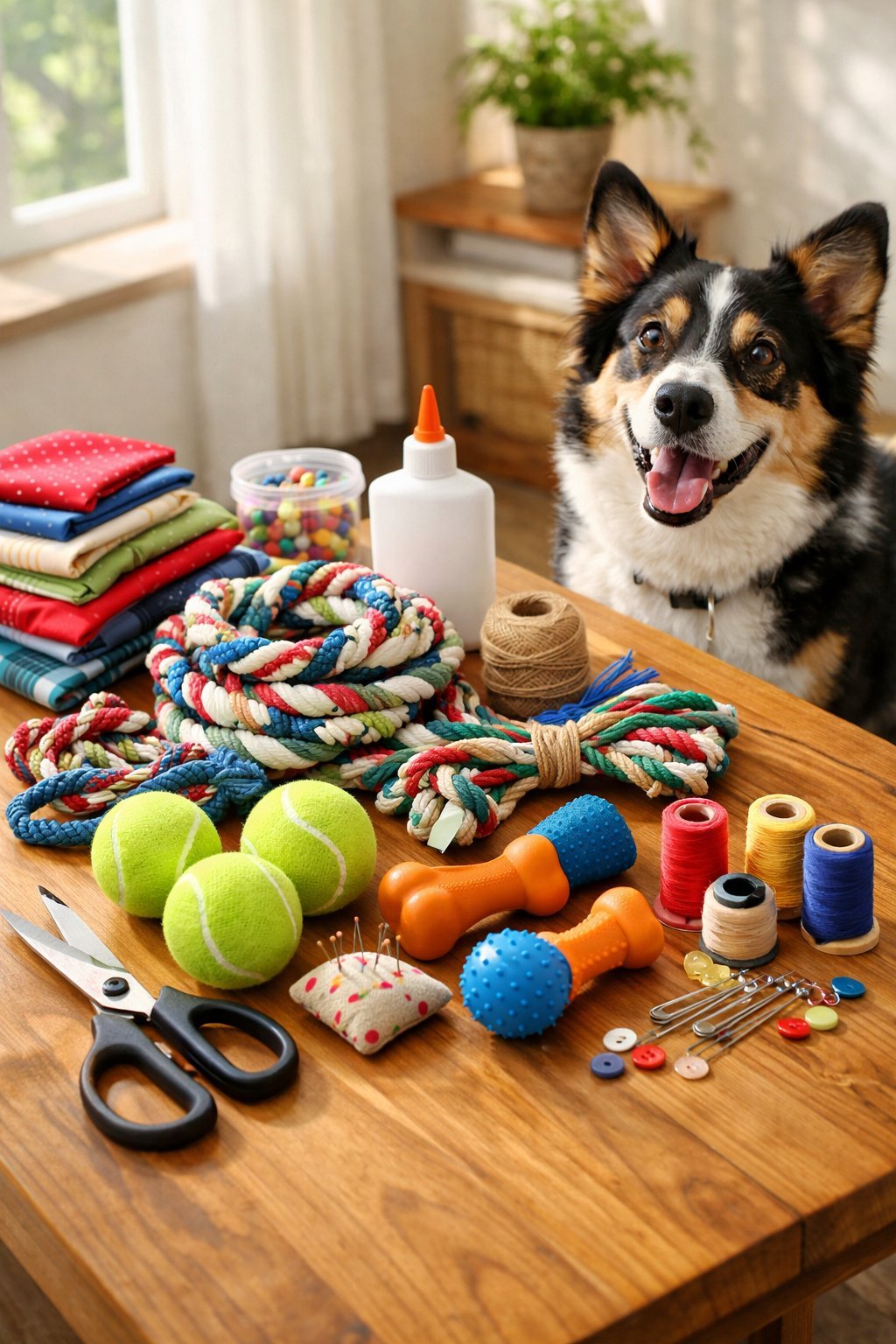 12 DIY Dog Toys You Can Make at Home Today: Fun and Budget-Friendly Ideas for Your Furry Friend A table with materials for making homemade dog toys and a dog watching nearby.