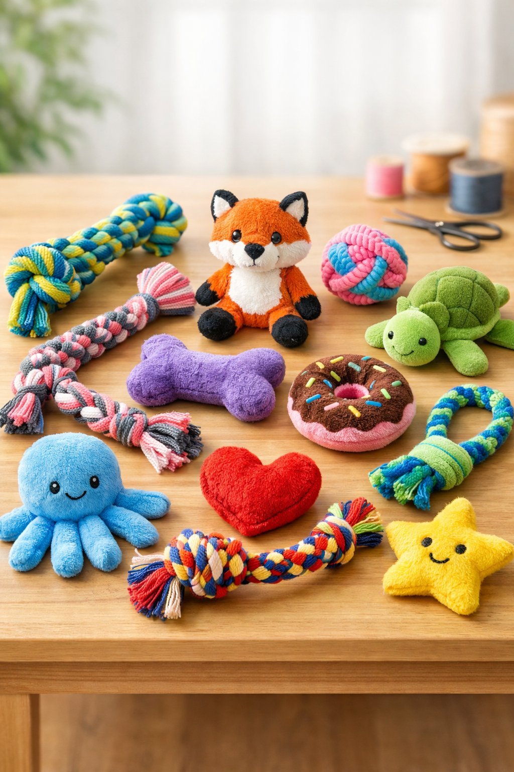 12 DIY Dog Toys You Can Make at Home Today: Fun and Budget-Friendly Ideas for Your Furry Friend A collection of colorful handmade plush and rope dog toys arranged on a wooden table in a cozy home setting.