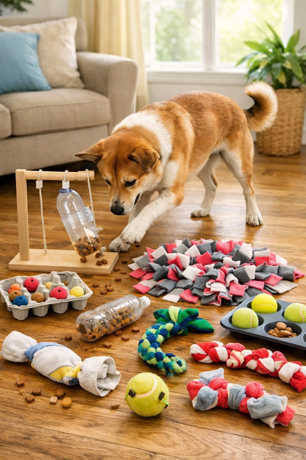 12 DIY Dog Toys You Can Make at Home Today: Fun and Budget-Friendly Ideas for Your Furry Friend A dog playing with homemade interactive puzzle toys on a wooden floor in a cozy living room.