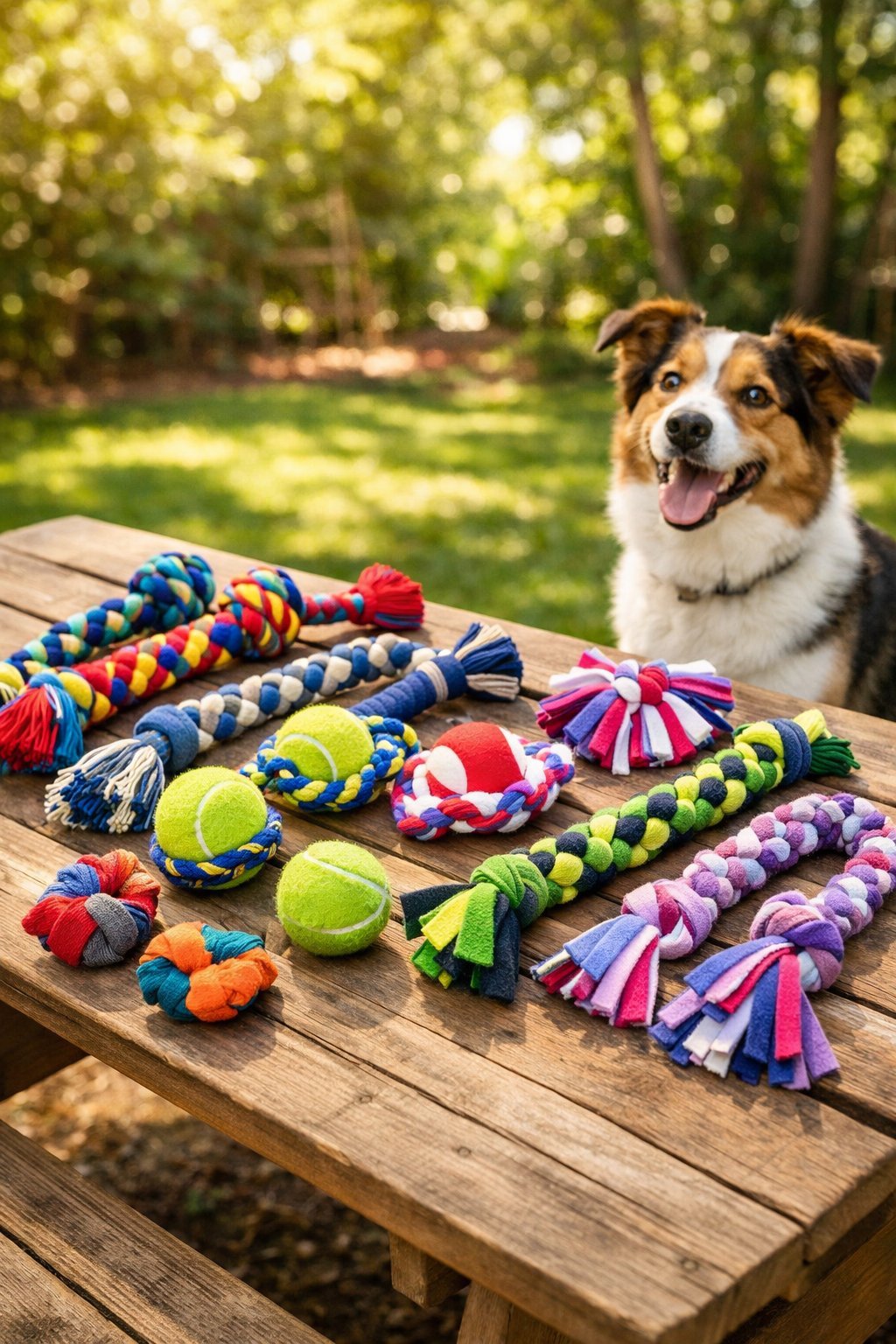 12 DIY Dog Toys You Can Make at Home Today: Fun and Budget-Friendly Ideas for Your Furry Friend A variety of homemade dog fetch toys displayed on a wooden table outdoors with a happy dog nearby in a green backyard.
