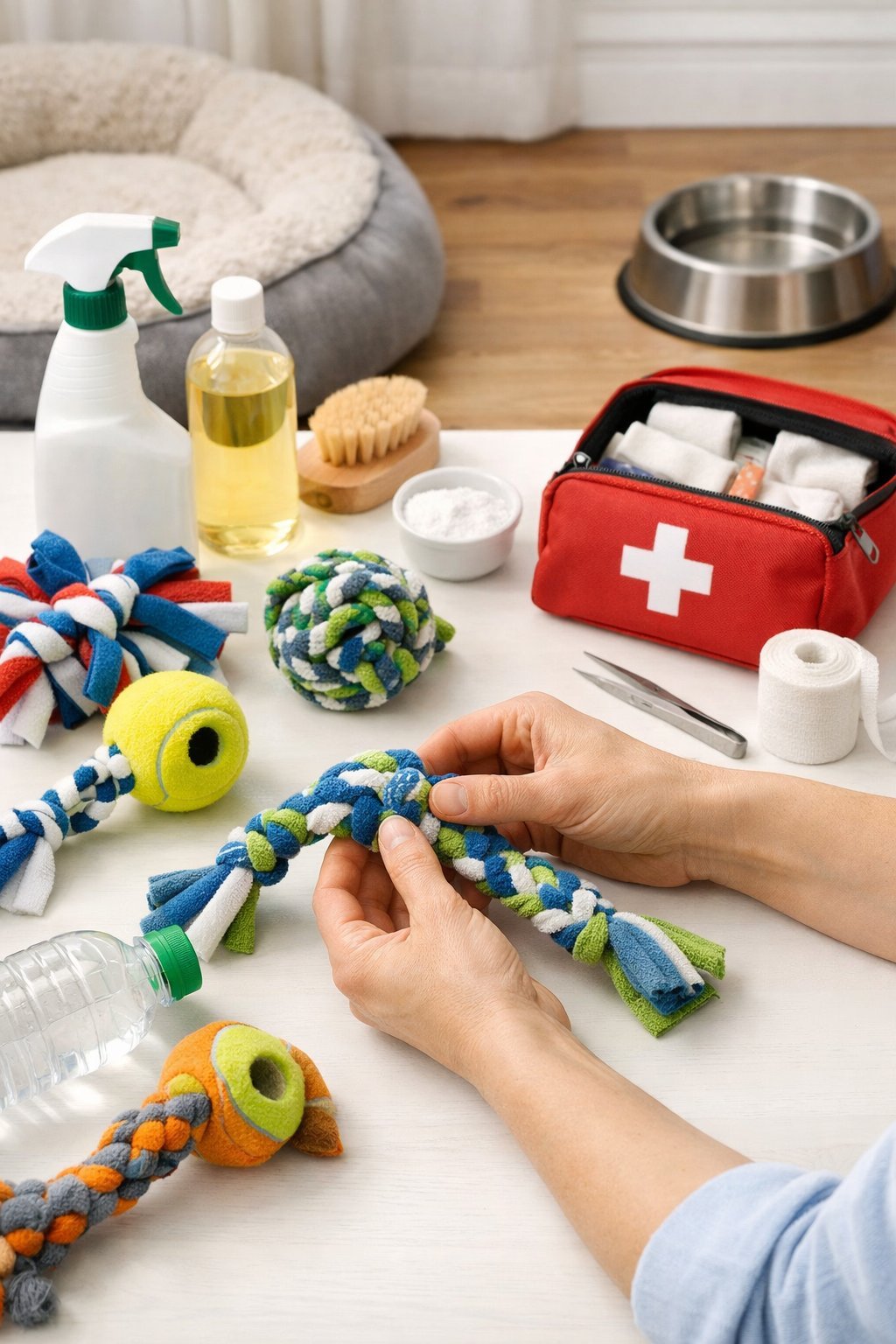 12 DIY Dog Toys You Can Make at Home Today: Fun and Budget-Friendly Ideas for Your Furry Friend Hands inspecting homemade dog toys made from household materials on a table with pet care items nearby.