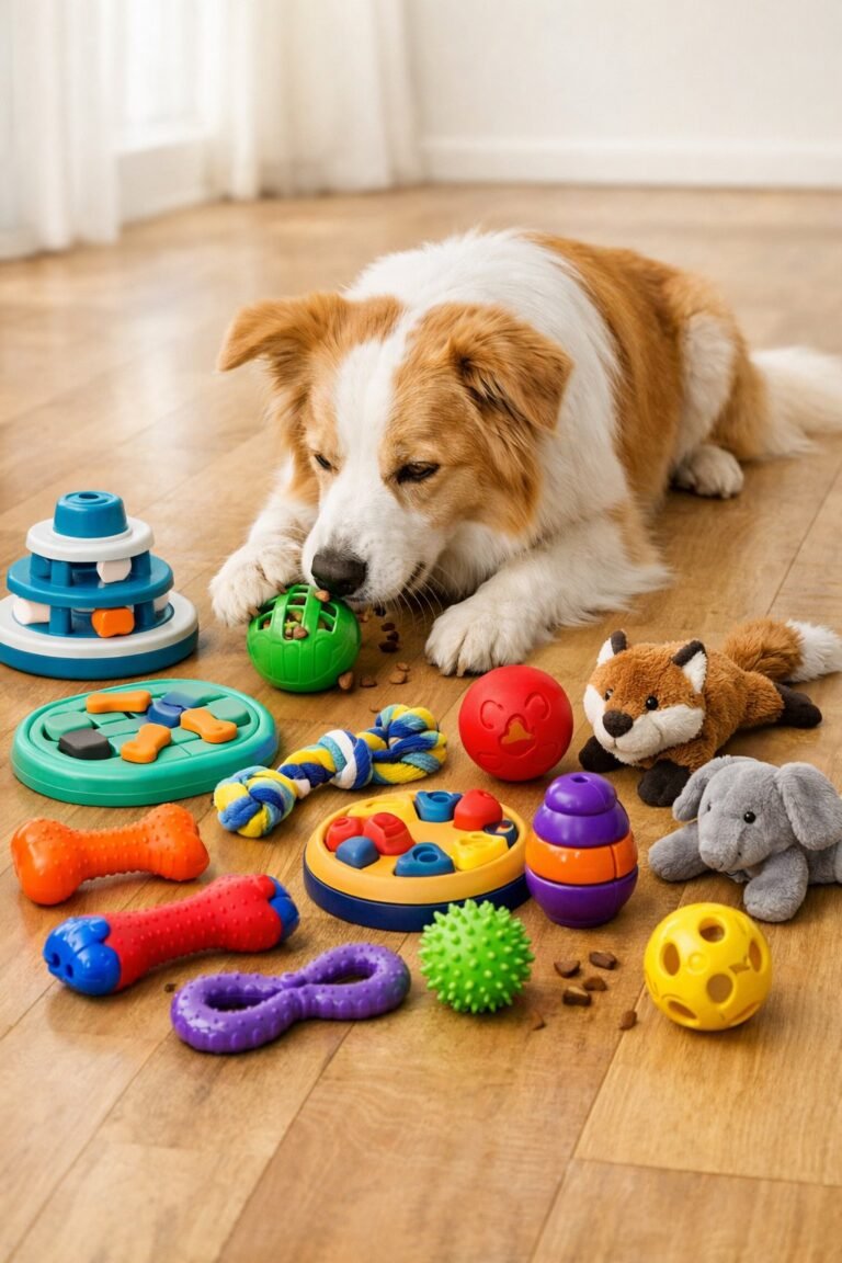 A calm dog playing with various colorful dog enrichment toys arranged on a wooden floor indoors.