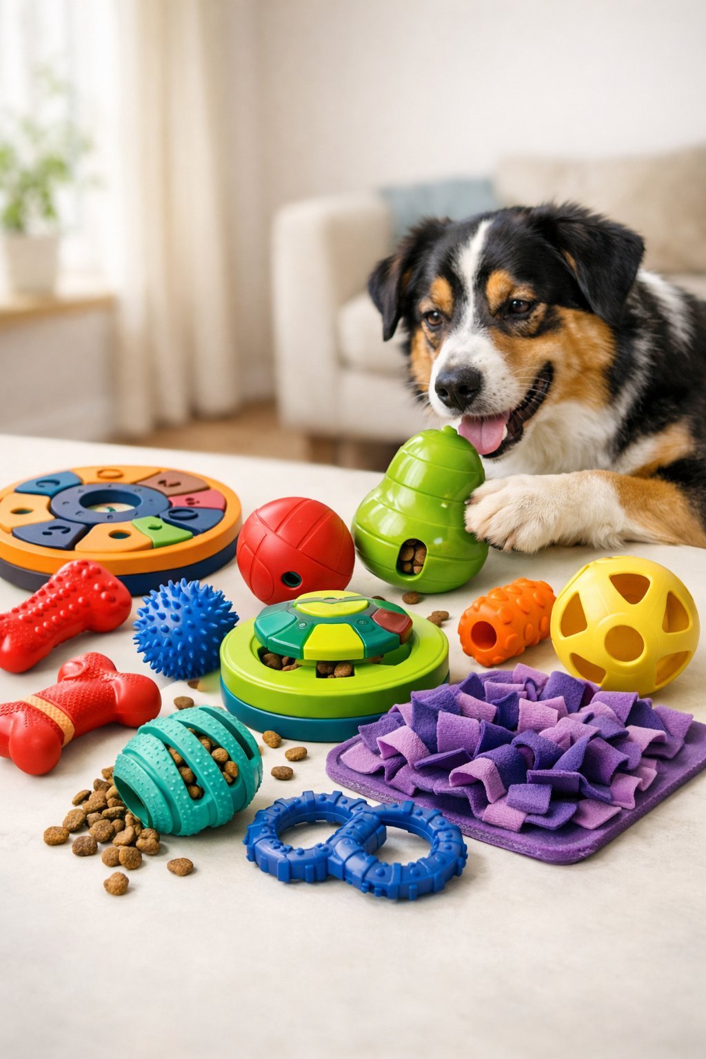 A happy dog playing with various colorful enrichment toys arranged on a surface.