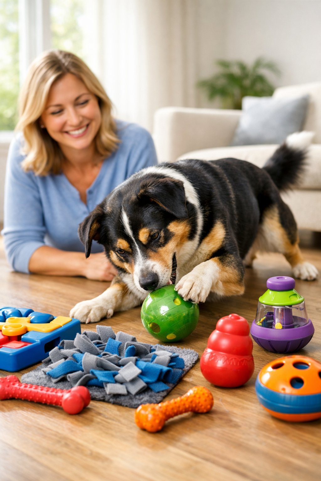A person happily watching their dog play with various colorful dog enrichment toys on the floor in a bright living room.