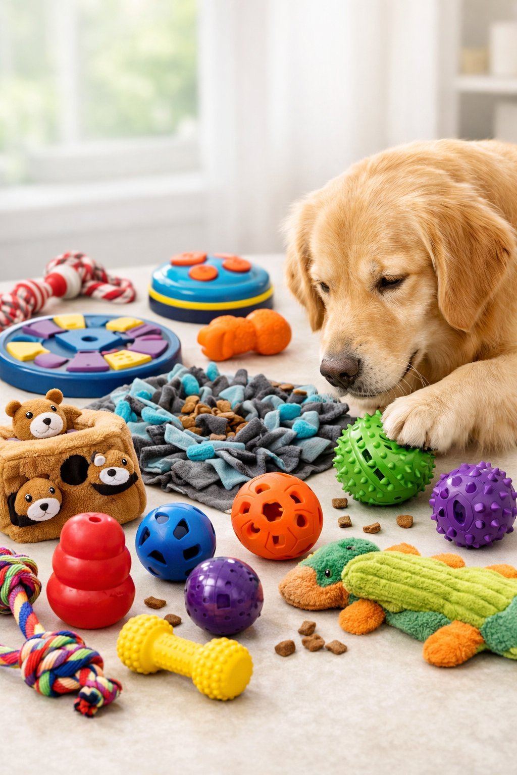 A variety of colorful dog enrichment toys arranged on a surface with a calm dog interacting with one of the toys.