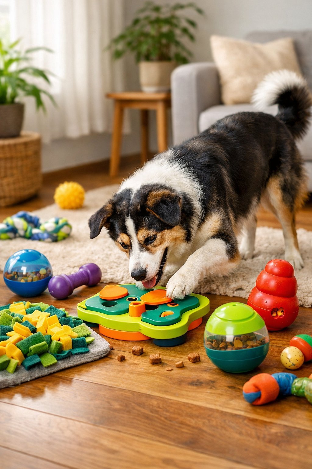 A happy dog playing with various colorful enrichment toys on the floor in a cozy living room.