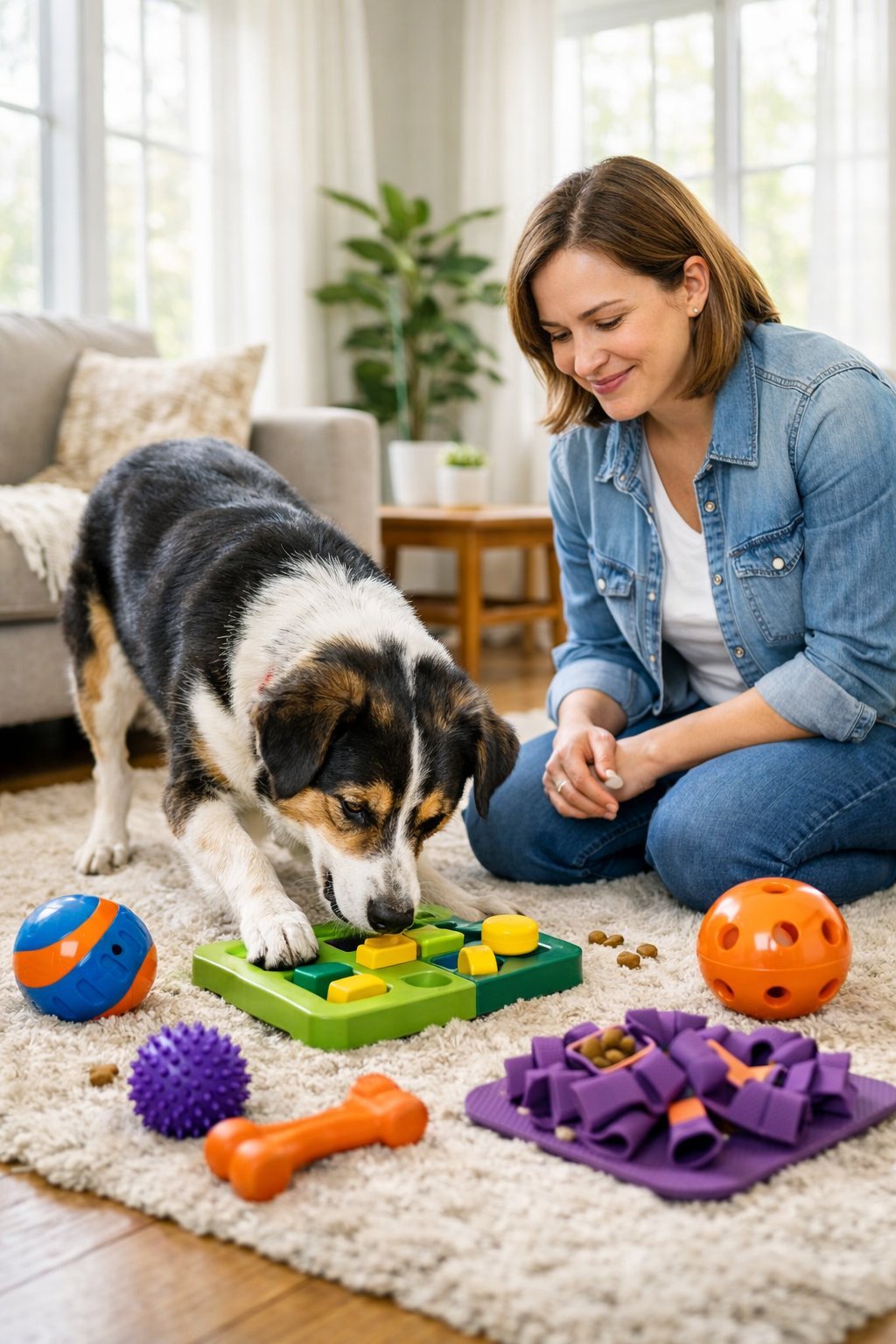 A dog owner watching their dog play with interactive enrichment toys in a bright living room.