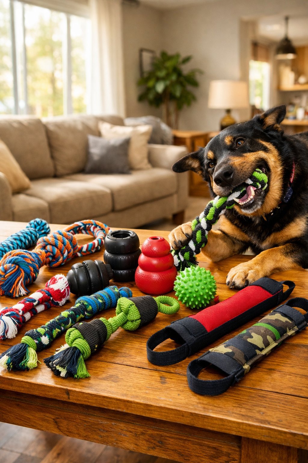A strong dog playing with various durable homemade dog toys on a wooden table in a bright living room.