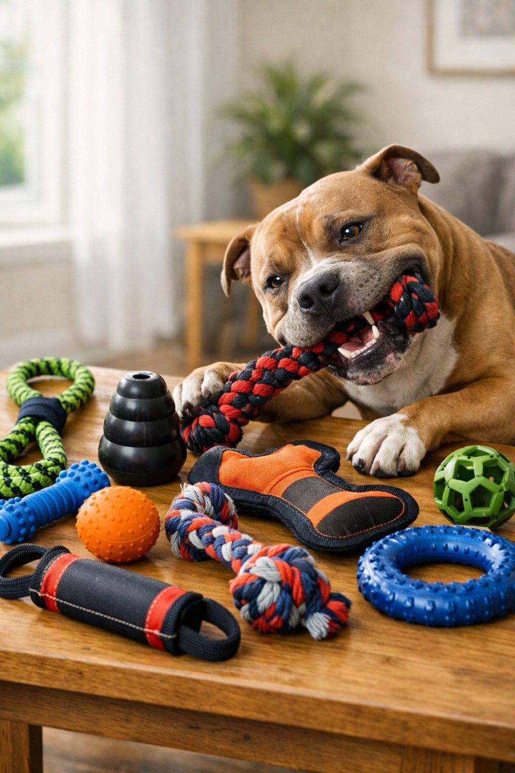 A strong dog playing with durable handmade dog toys made from rope, rubber, and fabric on a wooden table.