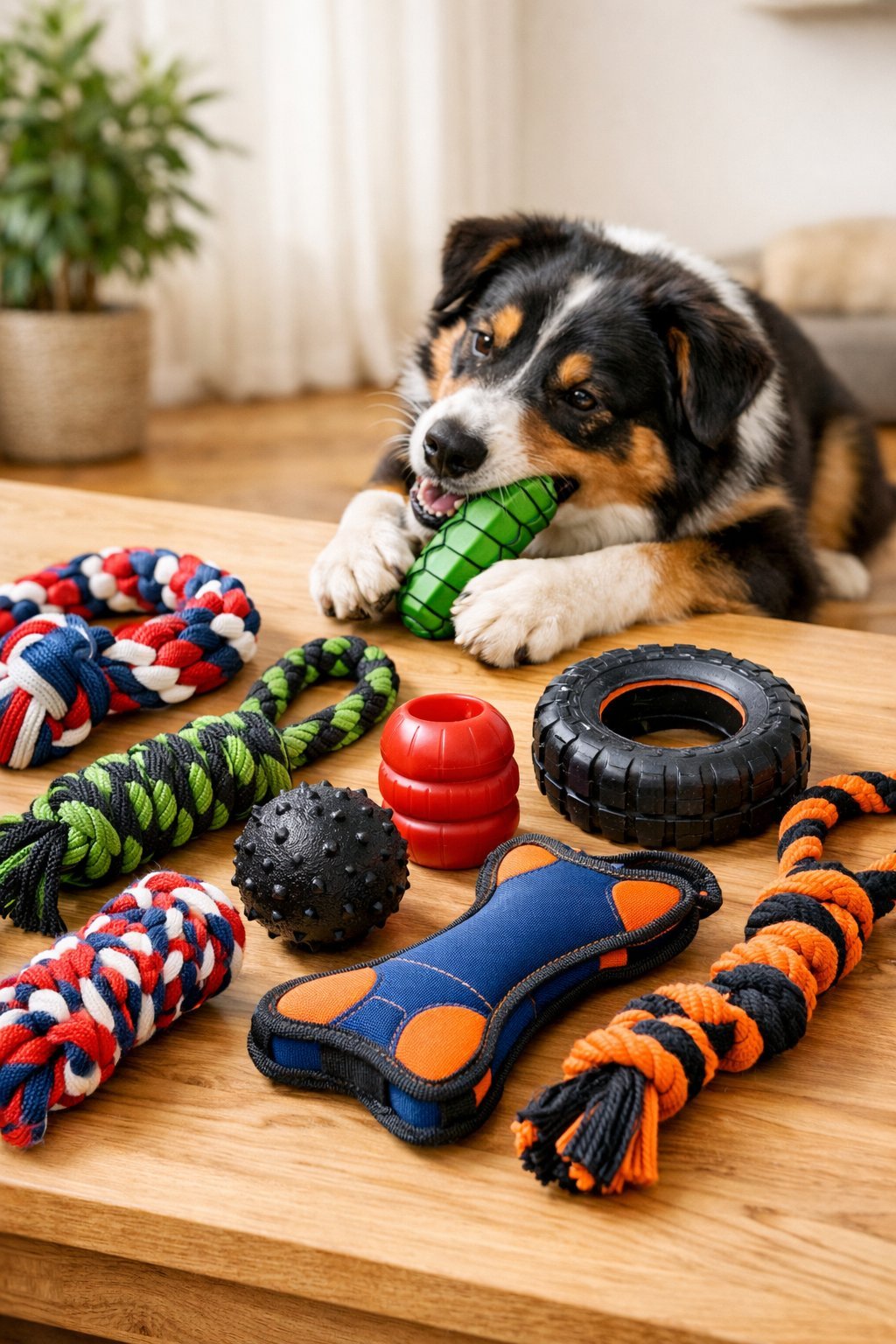 A happy dog chewing on a durable handmade dog toy with several other DIY dog toys displayed on a wooden surface.