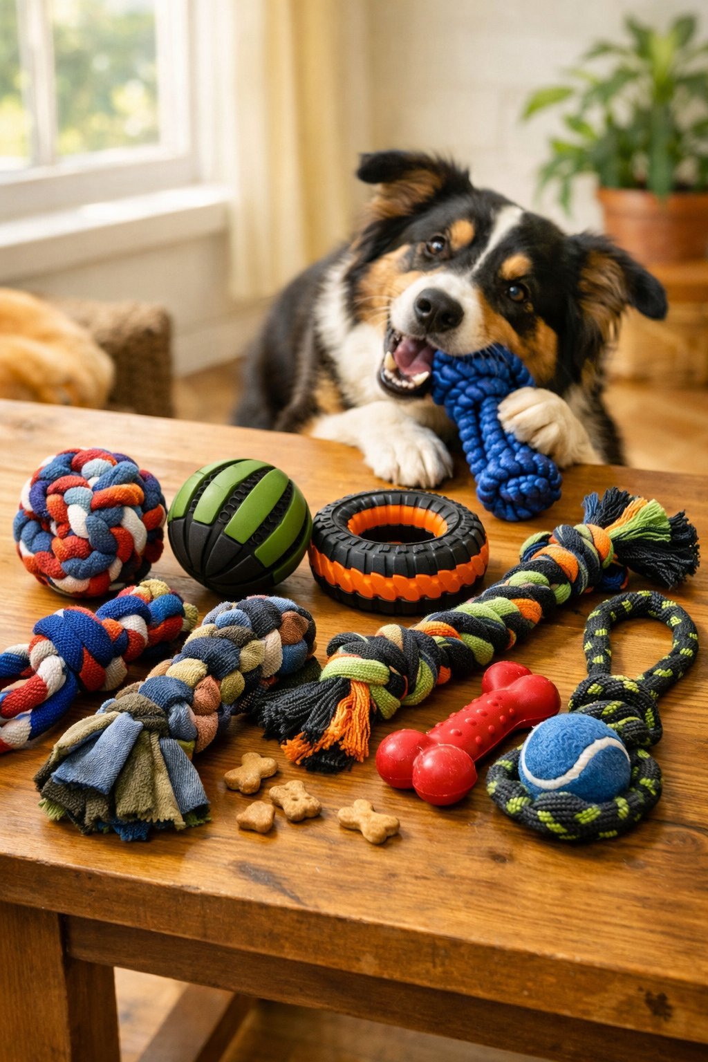 A cheerful dog chewing on a durable handmade toy surrounded by various DIY dog toys on a wooden table.