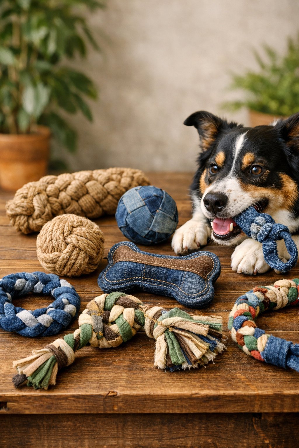 A medium-sized dog playing with durable, handmade dog toys made from recycled materials on a wooden surface.