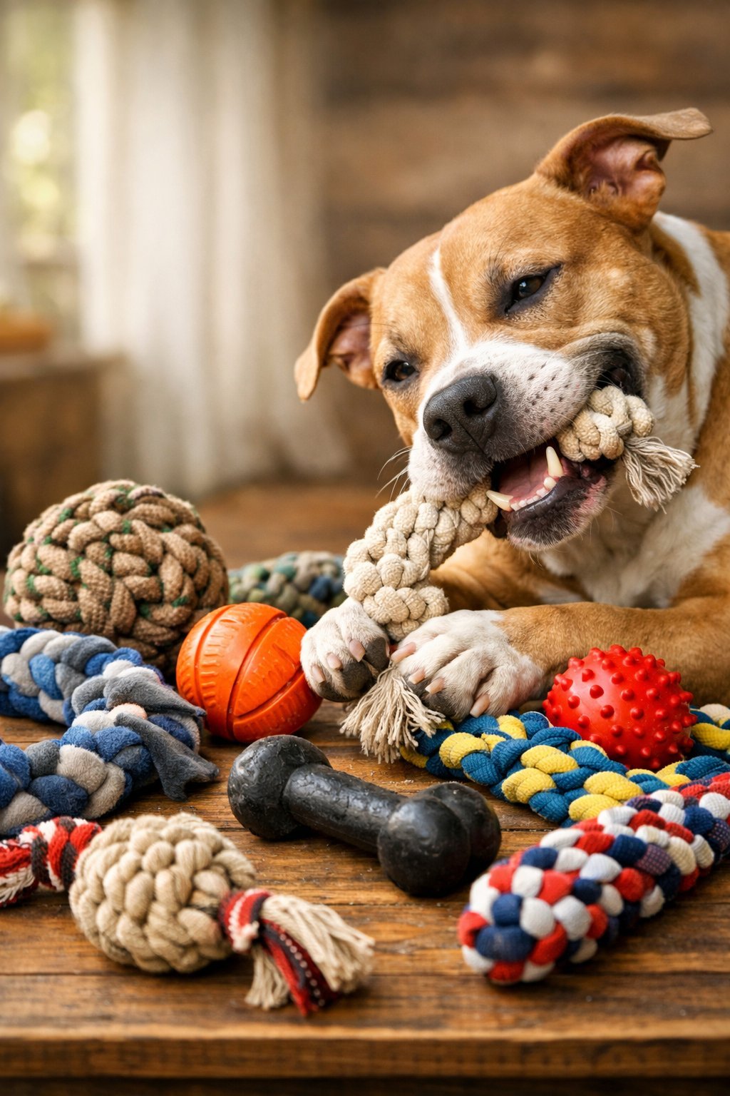 A dog chewing on a durable handmade toy with several other DIY dog toys displayed on a wooden surface.