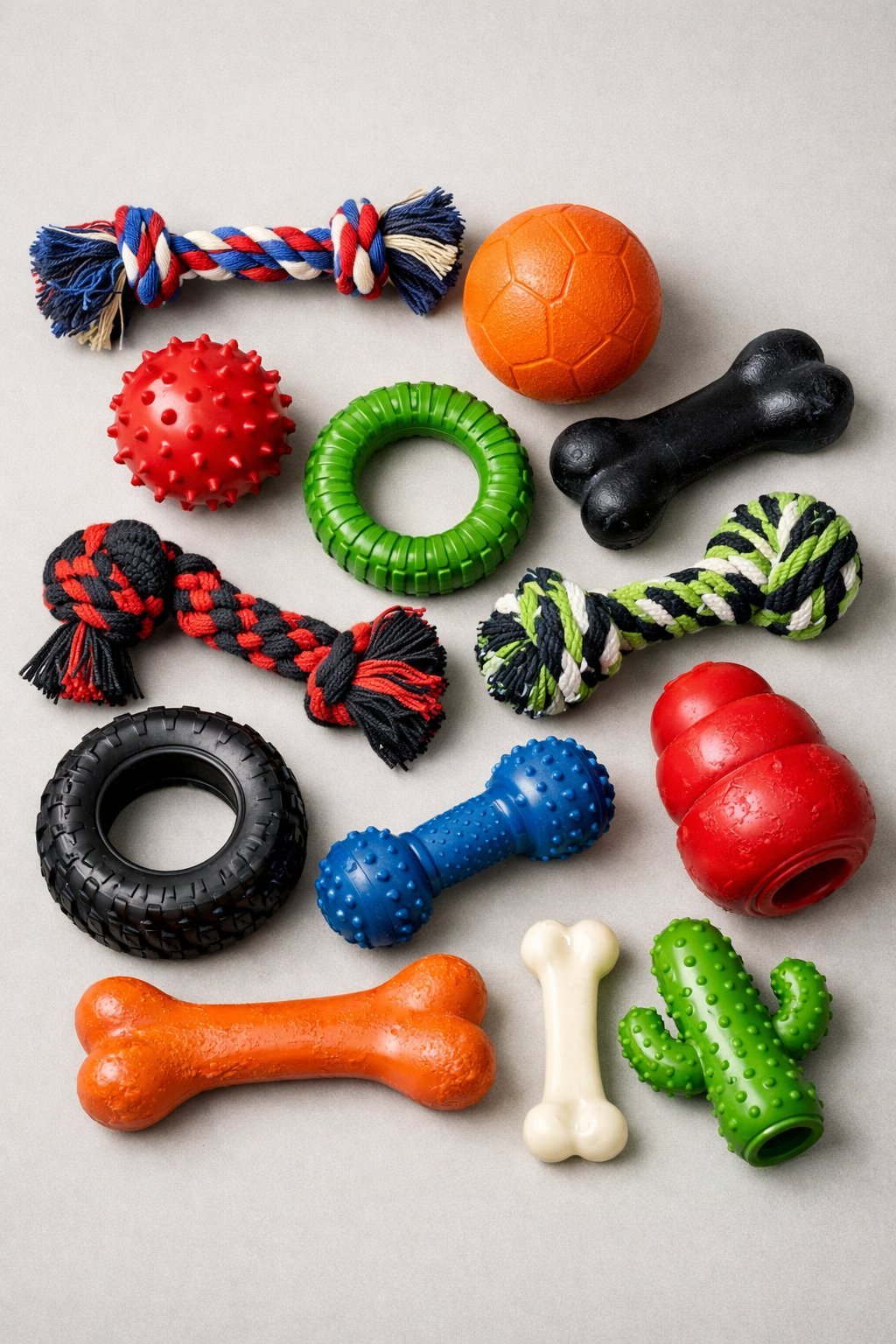 A collection of 12 durable dog toys arranged on a plain surface, including rubber balls, rope toys, chew bones, and rubber rings.