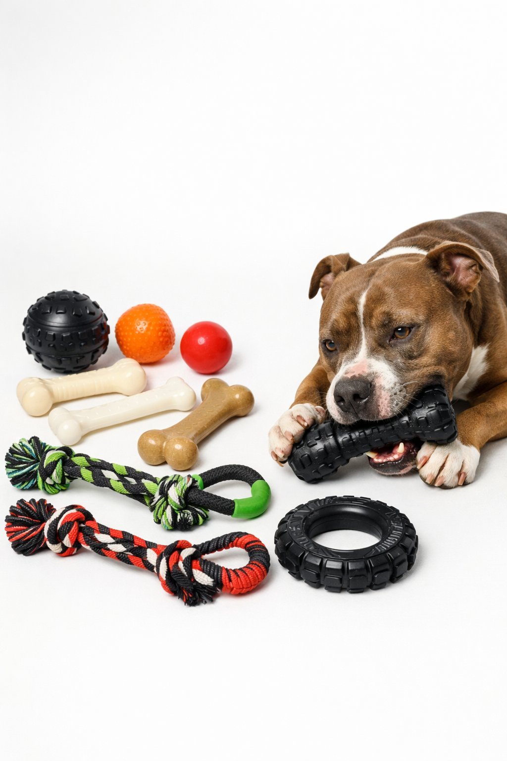A strong dog playing with durable dog toys including rubber balls, nylon bones, and rope toys on a clean background.