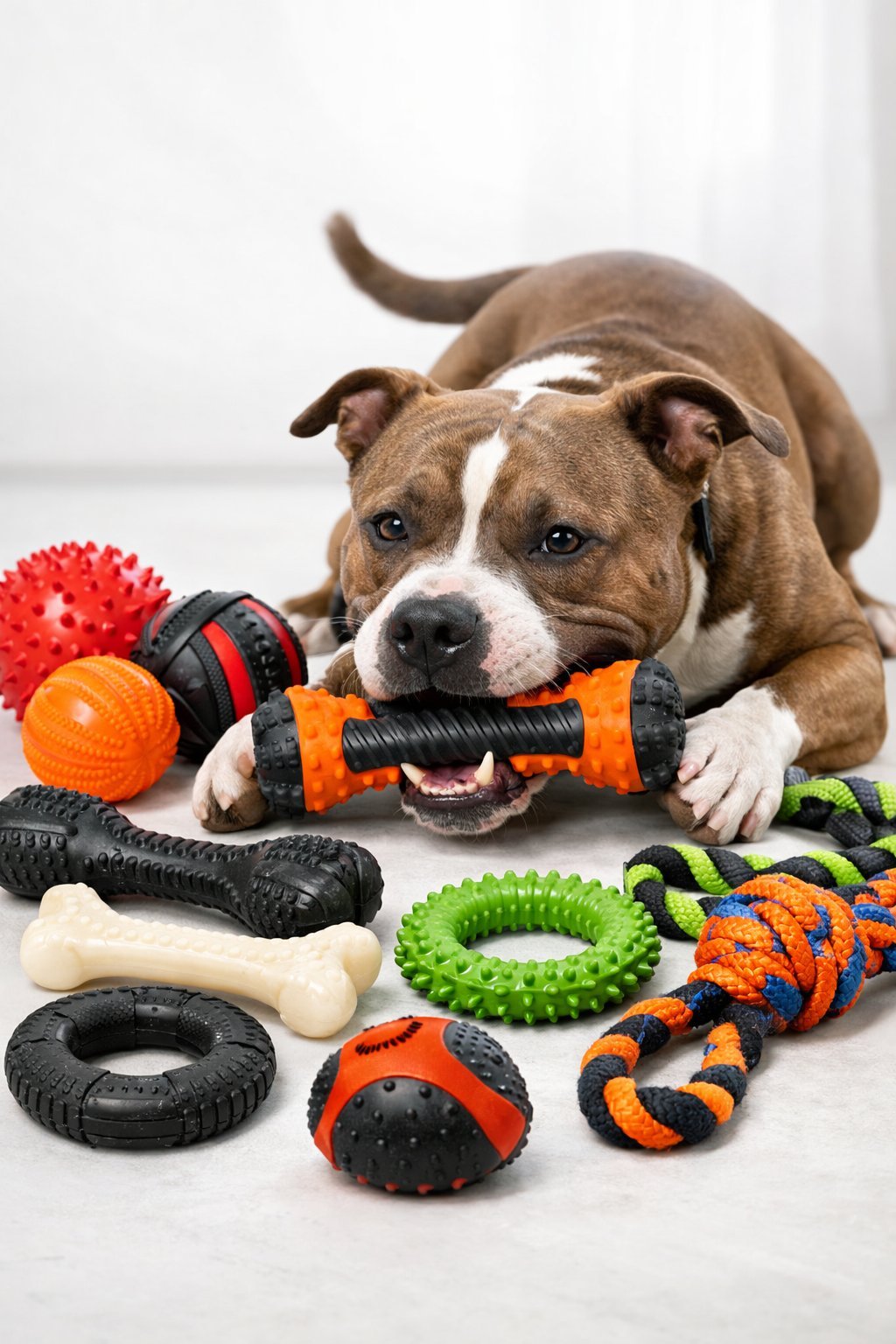 A strong adult dog playing with a variety of durable dog toys on a clean surface.