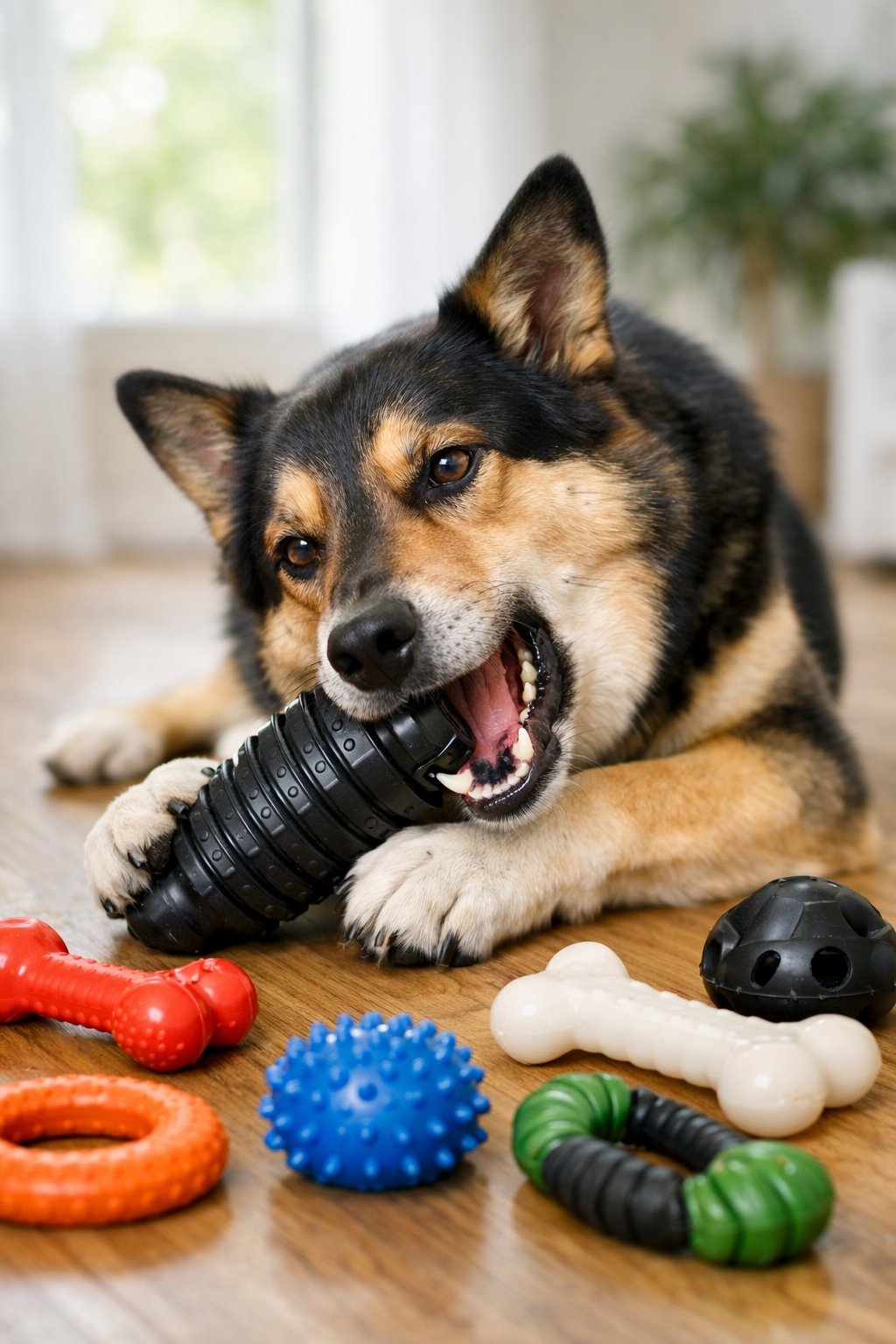 A strong dog chewing on a durable dog toy indoors with several other tough dog toys nearby.