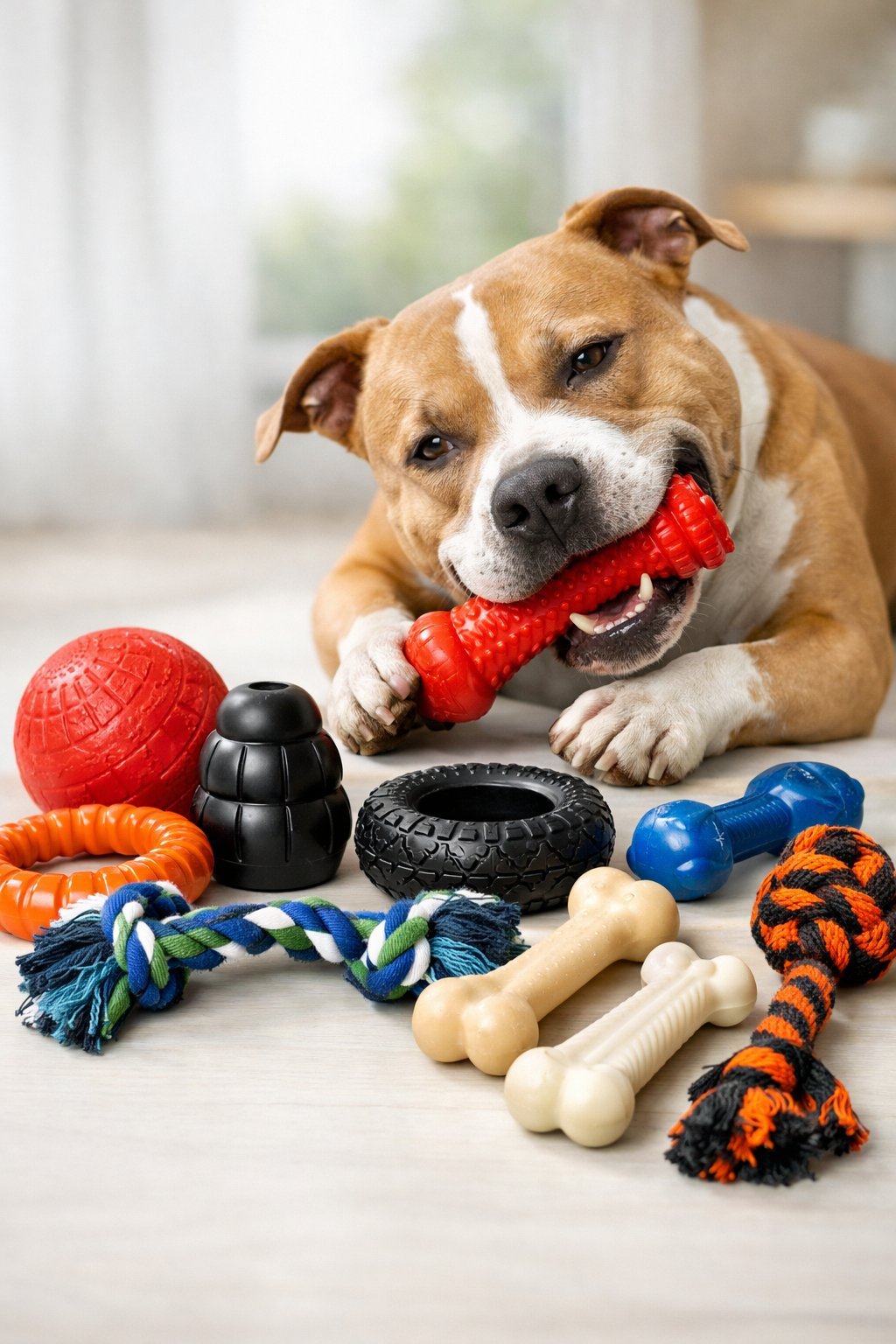 A strong dog chewing on a durable dog toy surrounded by various indestructible dog toys on a clean surface.