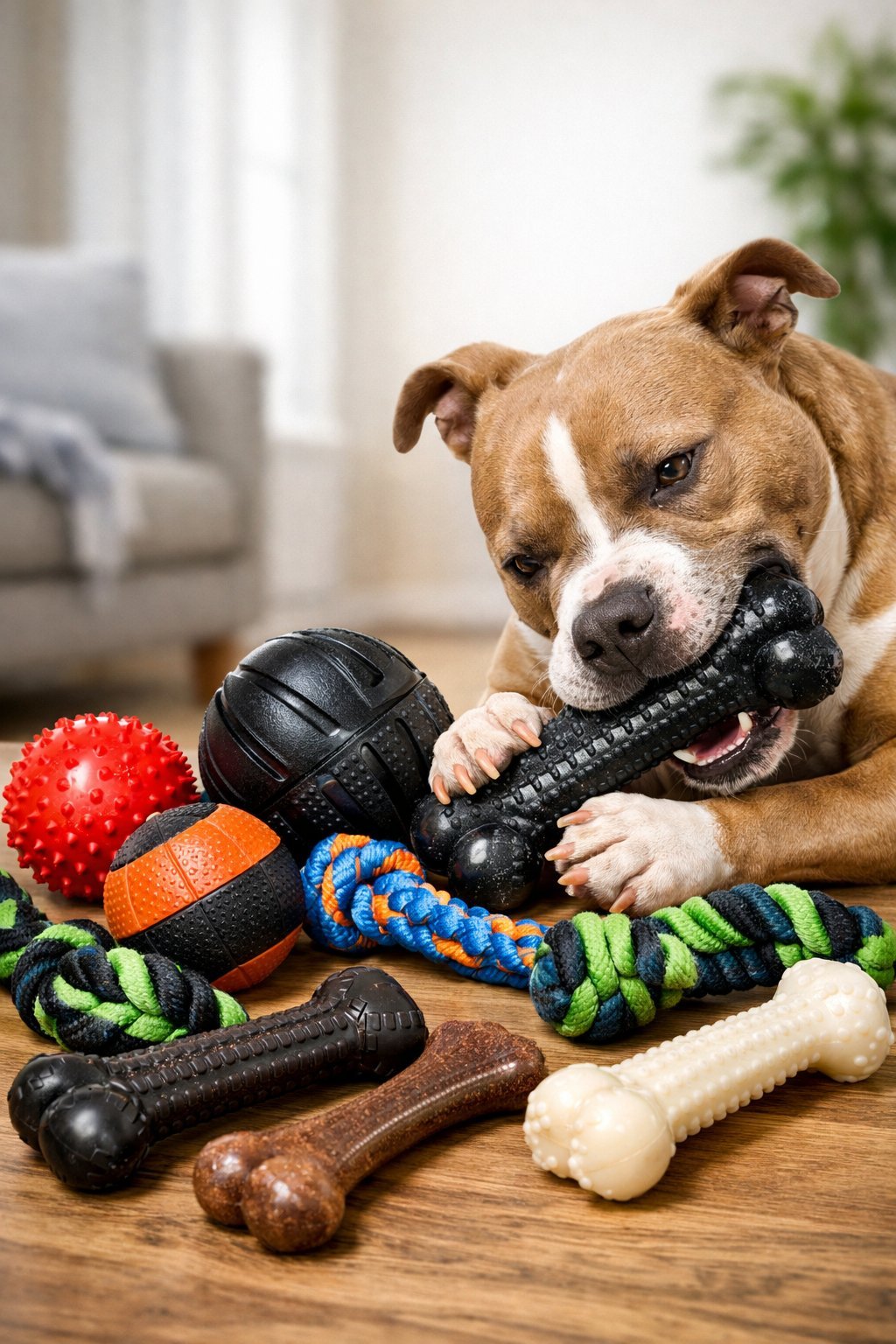A strong dog playing with several durable chew toys displayed on a clean surface.