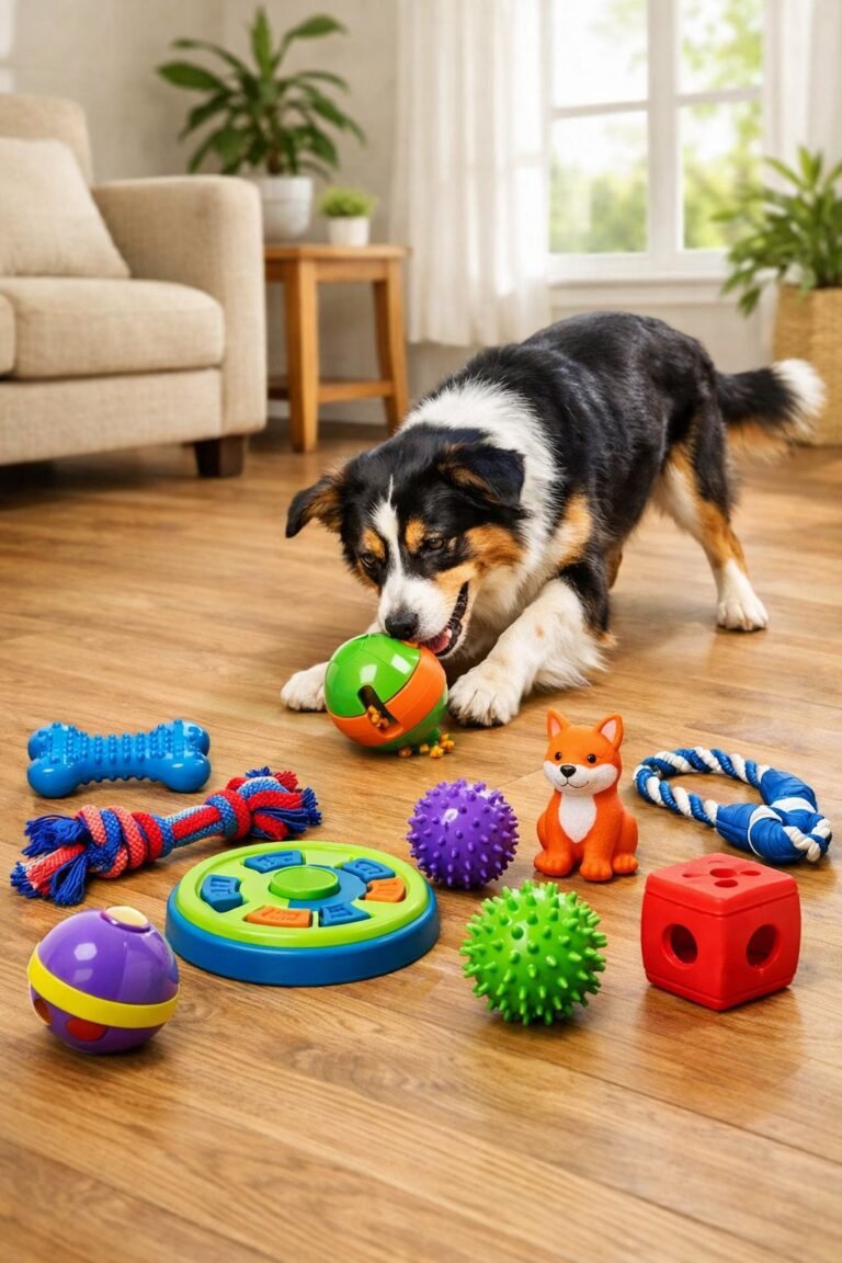 A happy dog playing with a variety of colorful dog toys arranged on a wooden floor in a cozy living room.