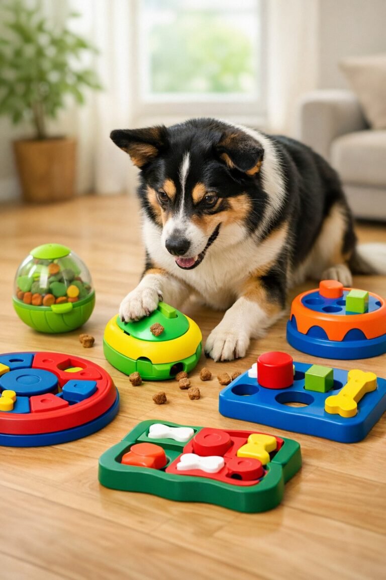 A dog playing with several colorful interactive toys designed to stimulate its brain in a bright indoor space.