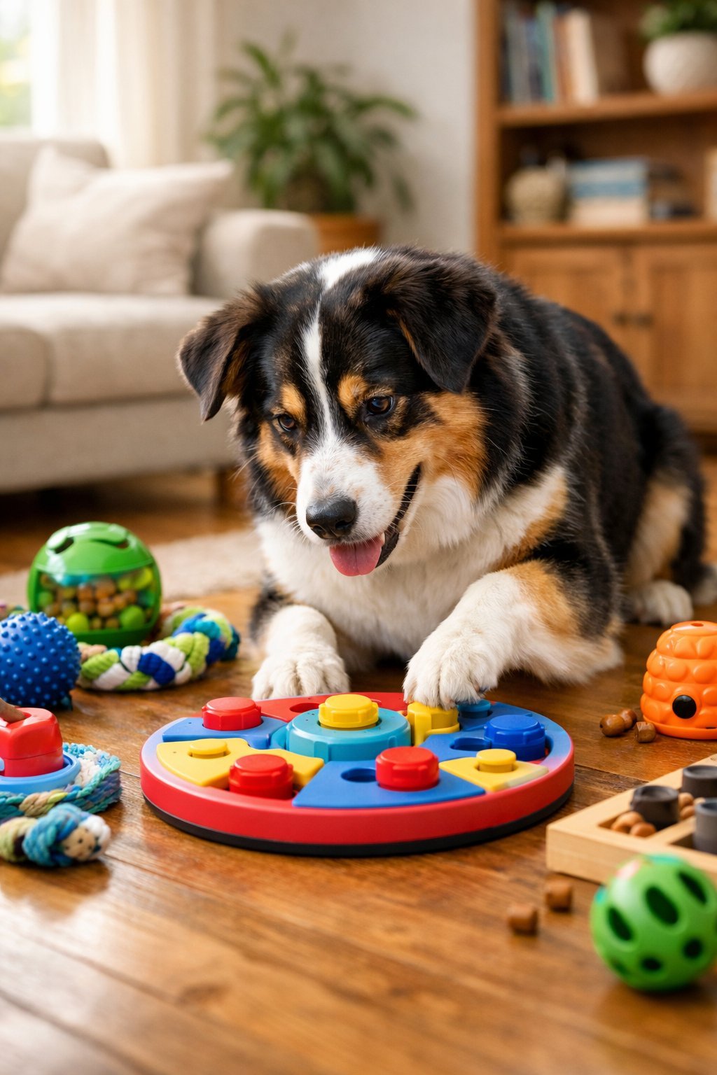 A dog playing with an interactive puzzle toy on the floor in a cozy living room surrounded by other dog toys.