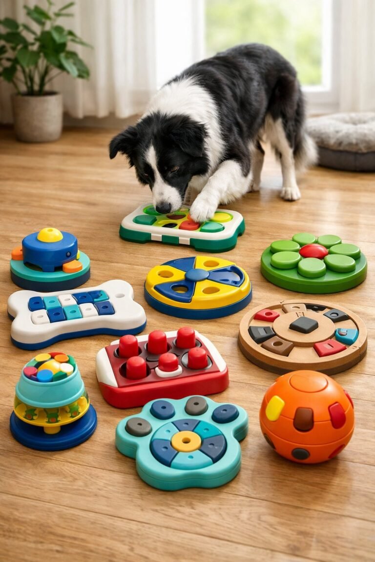 A smart dog playing with a variety of colorful puzzle toys arranged on a wooden floor.
