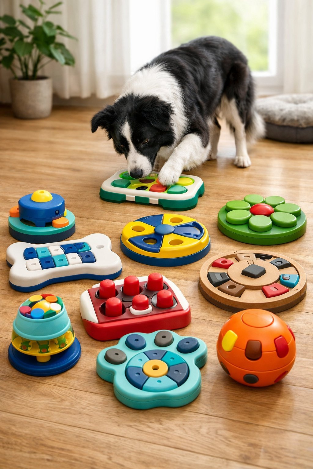 10 Dog Puzzle Toys That Challenge Smart Dogs and Keep Them Entertained for Hours A smart dog playing with a variety of colorful puzzle toys arranged on a wooden floor.