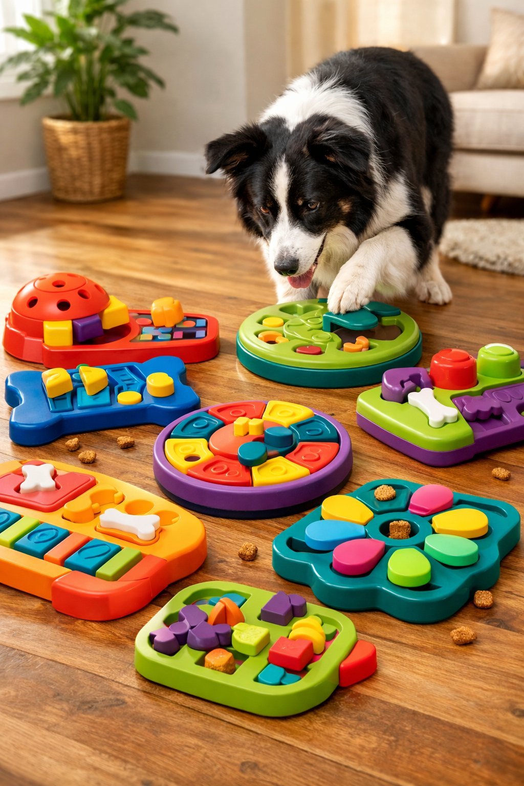 10 Dog Puzzle Toys That Challenge Smart Dogs and Keep Them Entertained for Hours A smart dog playing with various colorful puzzle toys on a wooden floor indoors.