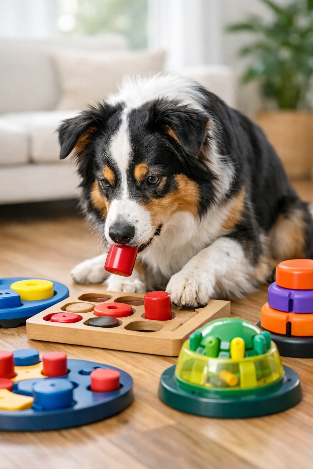 10 Dog Puzzle Toys That Challenge Smart Dogs and Keep Them Entertained for Hours A focused dog playing with several interactive puzzle toys indoors.