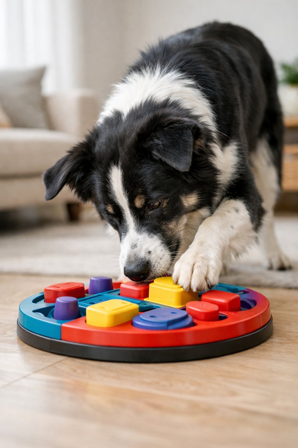 10 Dog Puzzle Toys That Challenge Smart Dogs and Keep Them Entertained for Hours A dog focused on solving a colorful puzzle toy on the floor in a bright living room.
