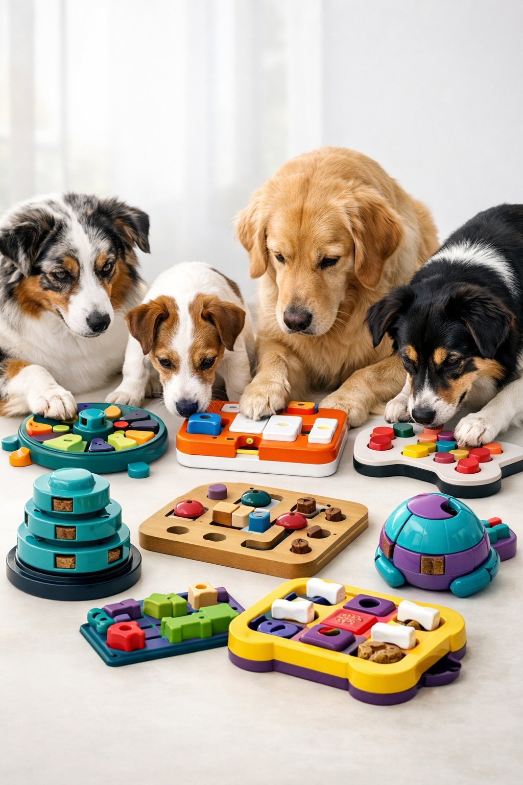 10 Dog Puzzle Toys That Challenge Smart Dogs and Keep Them Entertained for Hours Several dogs interacting with colorful puzzle toys on a clean surface.