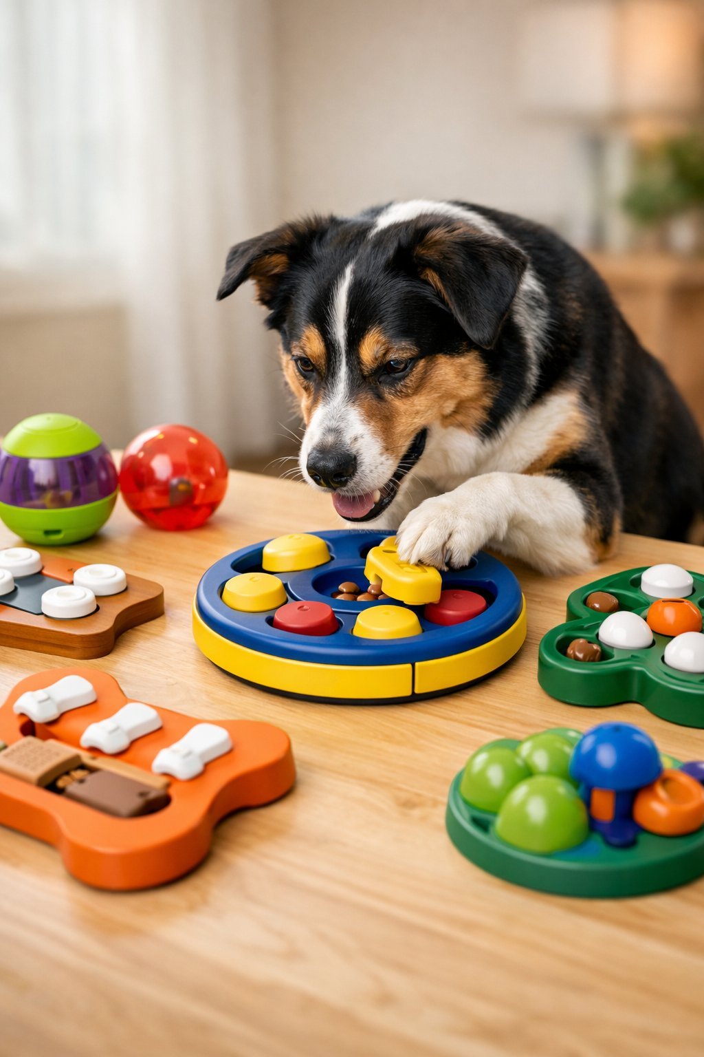 10 Dog Puzzle Toys That Challenge Smart Dogs and Keep Them Entertained for Hours A medium-sized dog playing with colorful puzzle toys on a wooden surface.