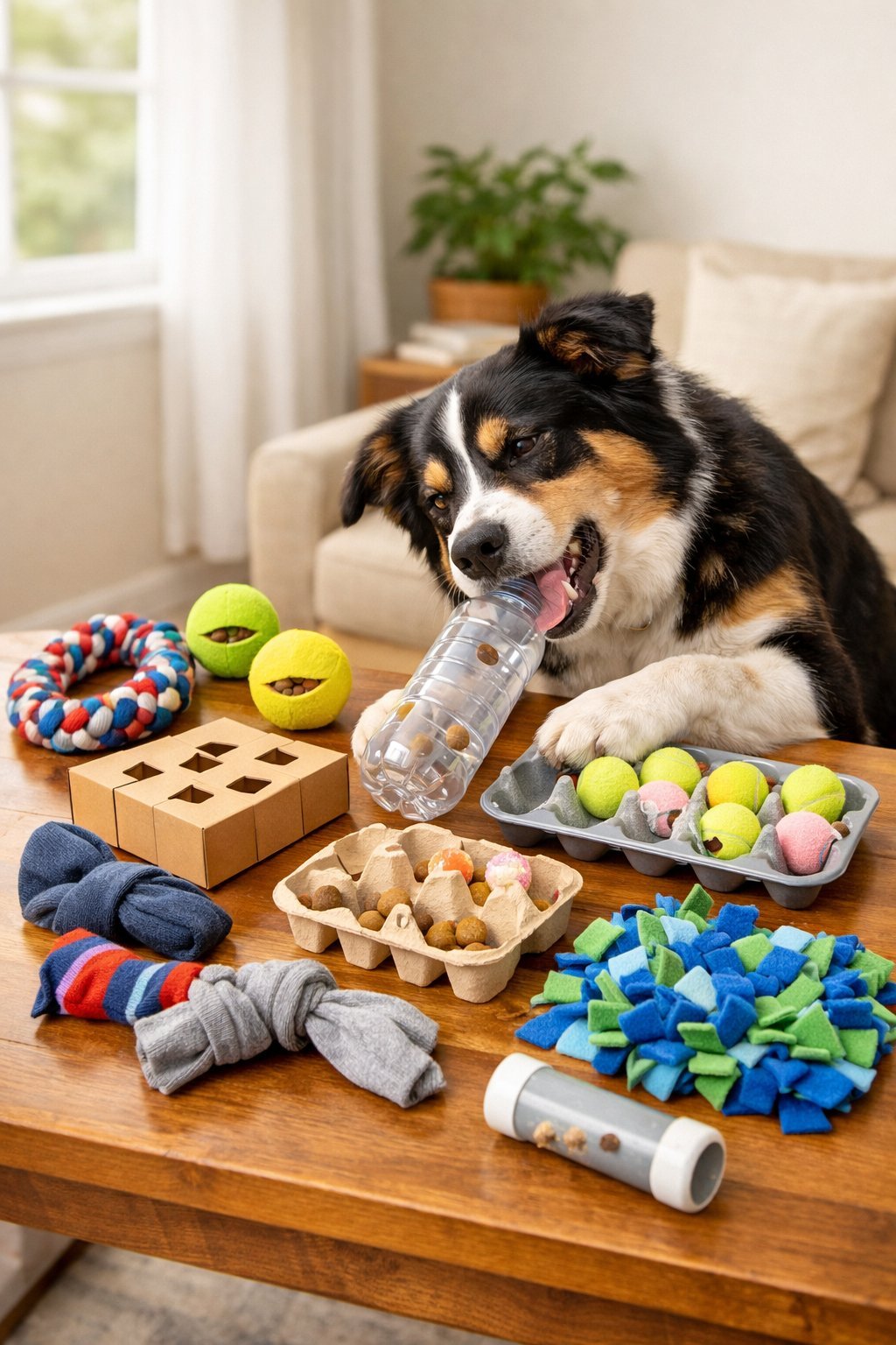 A dog playing with various homemade dog toys made from household items arranged on a wooden table in a cozy living room.