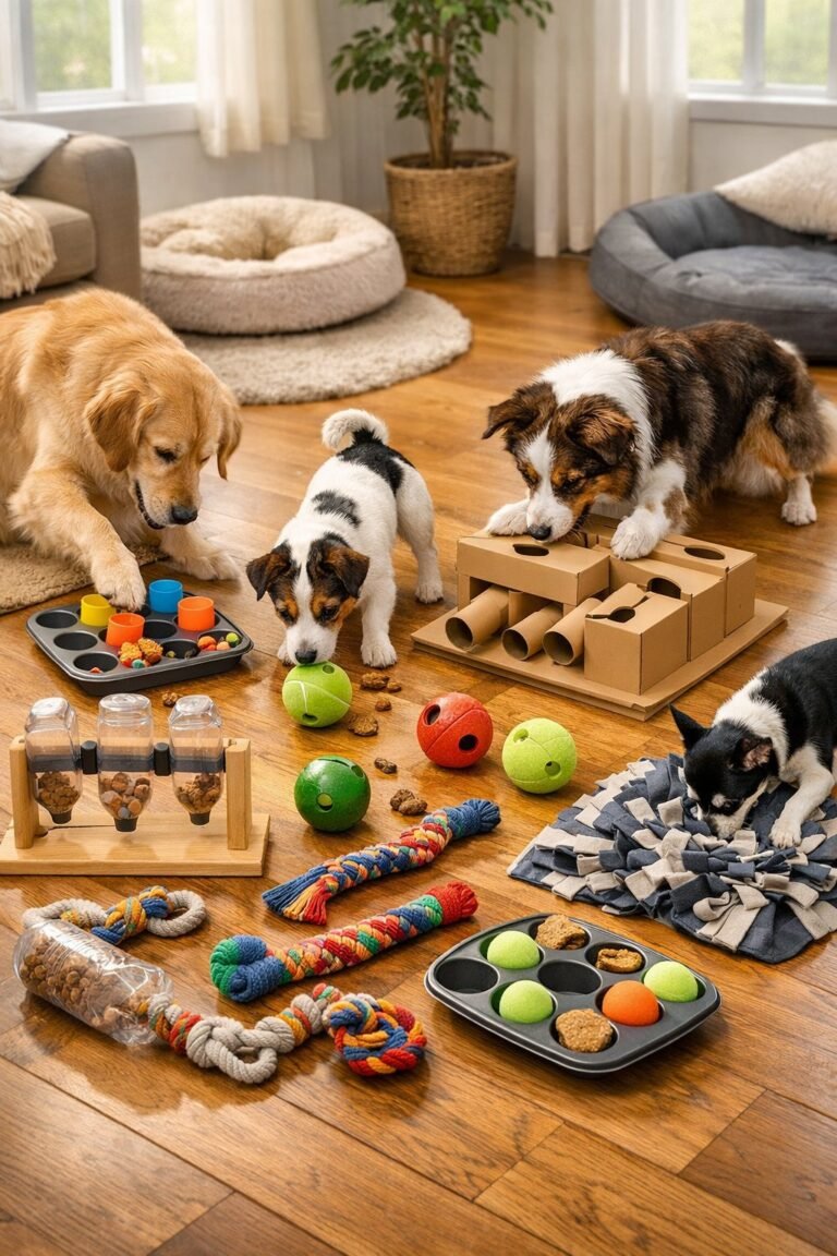 Several dogs playing with a variety of homemade interactive dog toys arranged on a wooden floor in a cozy living room.
