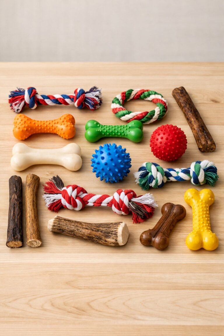 A collection of 15 different dog chew toys arranged on a wooden surface, including rubber bones, rope toys, balls, and chew sticks.