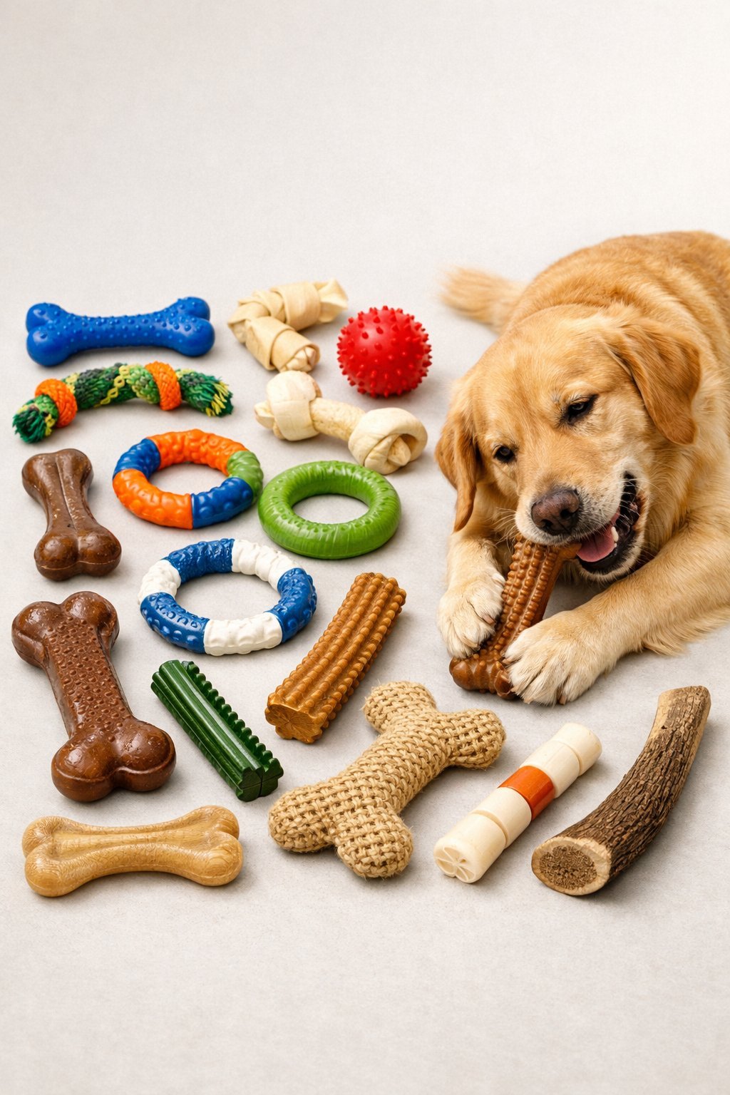 A happy dog chewing on a toy surrounded by a variety of different dog chew toys arranged on a clean surface.