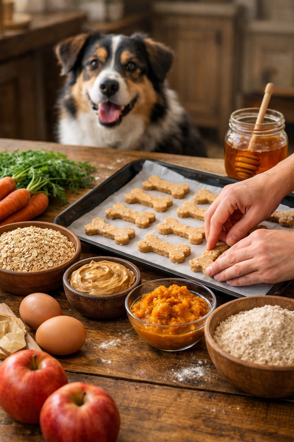 A person shaping homemade dog treats on a baking sheet surrounded by bowls of natural ingredients while a dog watches eagerly nearby.