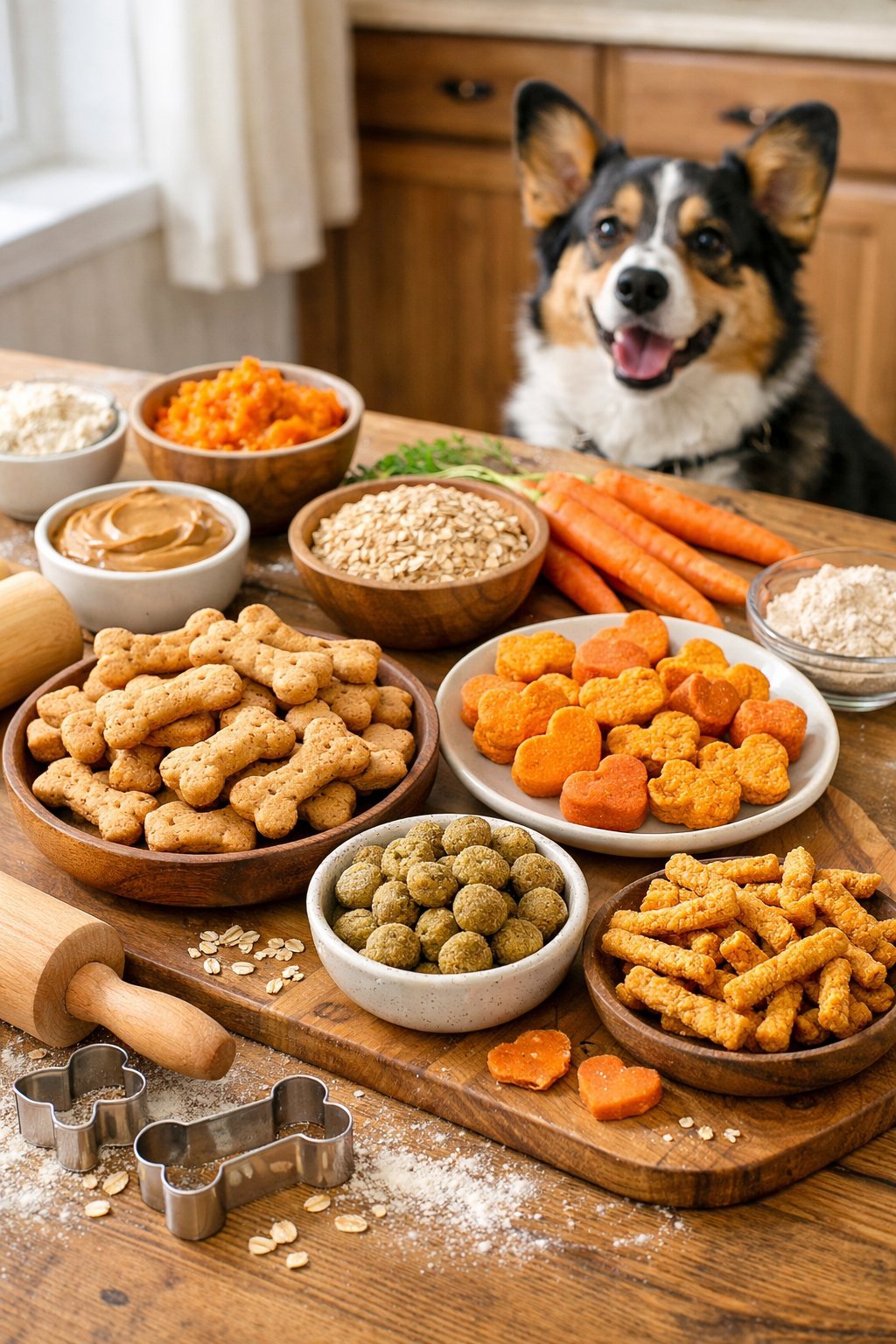 A variety of homemade dog treats displayed on plates on a kitchen counter with fresh ingredients nearby and a dog watching eagerly.