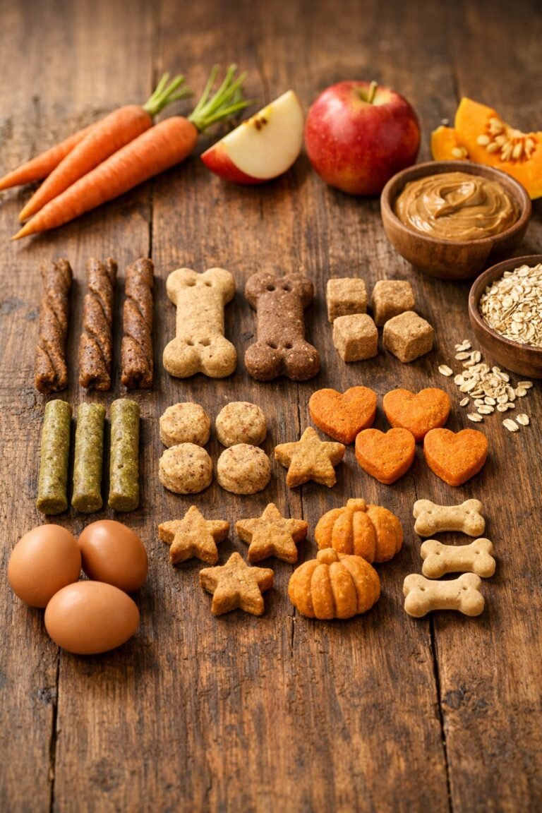 A selection of 12 healthy dog treats displayed on a wooden table with fresh natural ingredients like carrots, apples, and pumpkin around them.