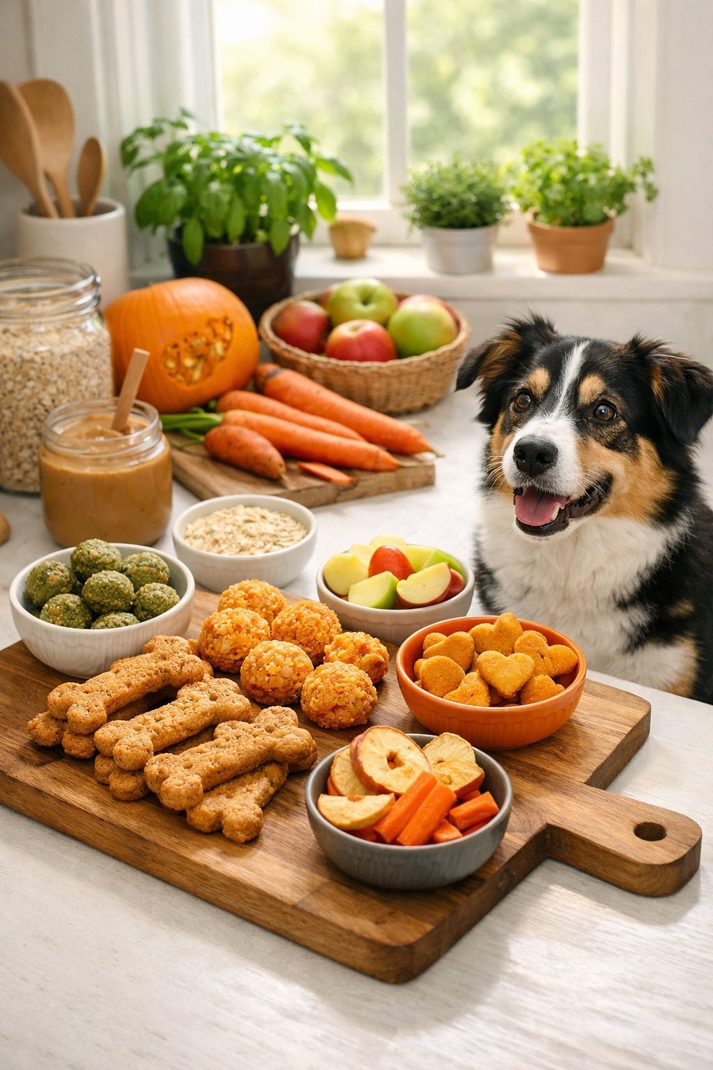 A kitchen scene with an assortment of healthy homemade dog treats on a wooden board and fresh ingredients nearby, with a dog looking at the treats.