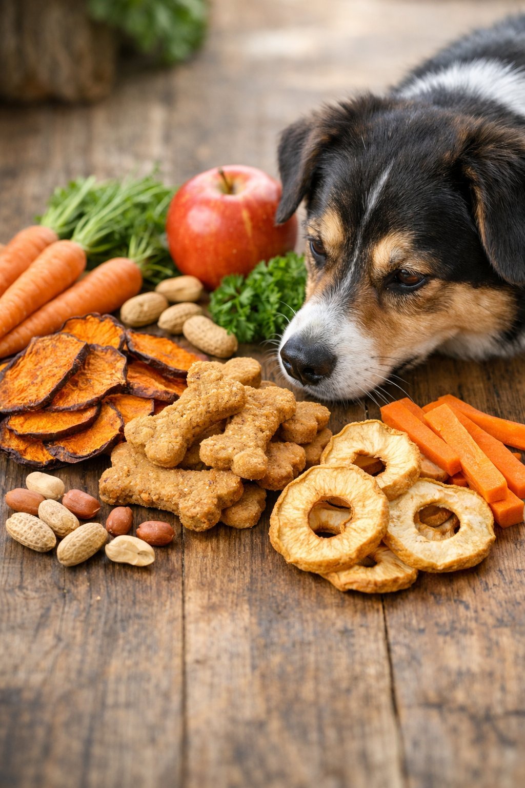 A variety of healthy dog treats made from natural ingredients arranged on a wooden surface with a happy dog nearby.