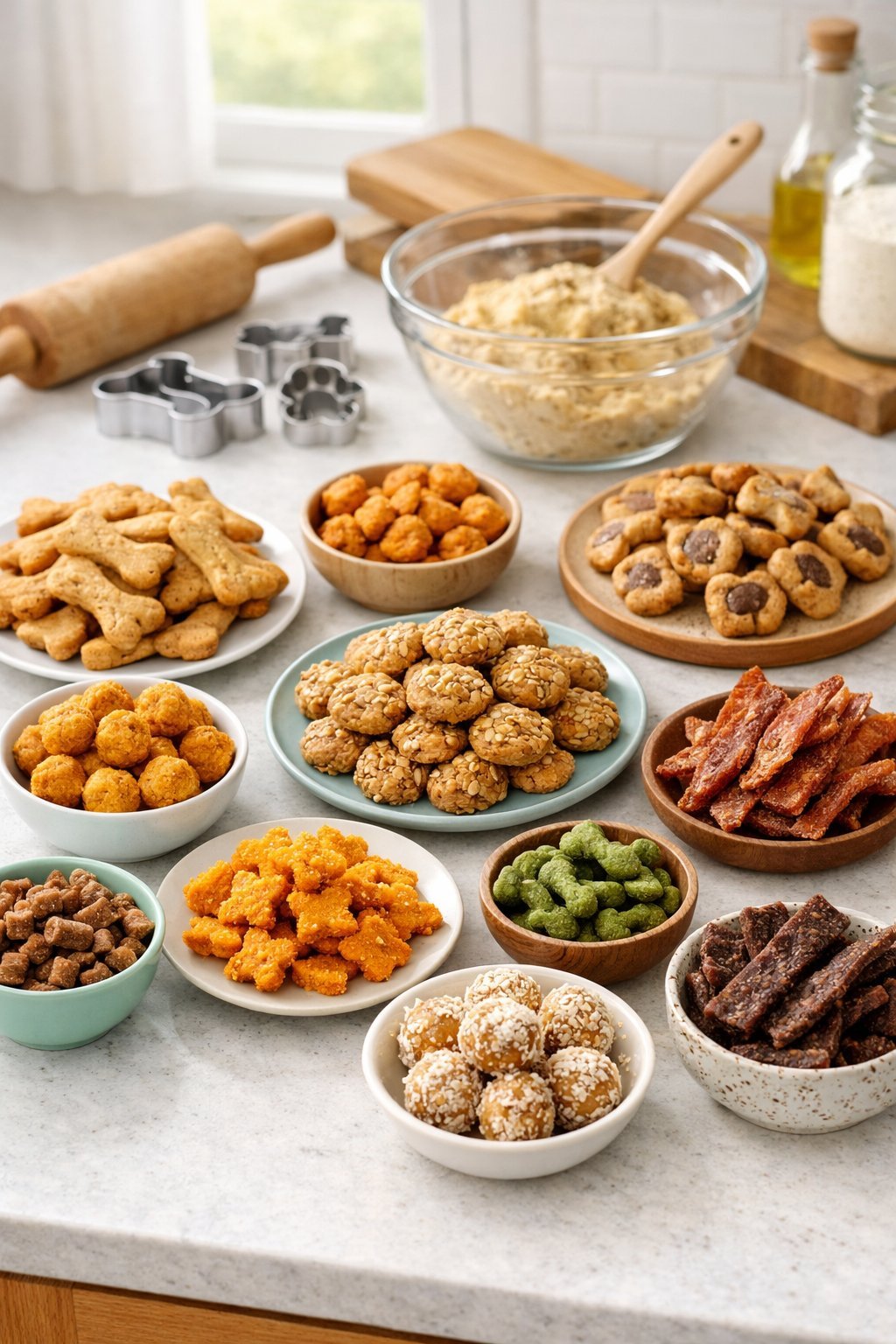 A kitchen countertop displaying ten different homemade dog treats arranged on plates and bowls with baking utensils nearby.