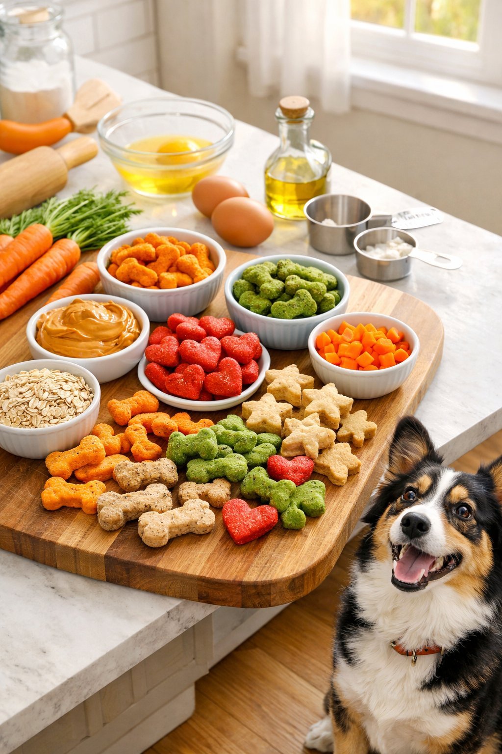 A kitchen scene with homemade dog treats on a cutting board, fresh ingredients, and a dog watching nearby.